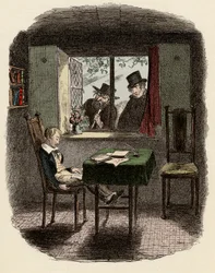 Monks y Fagin observando a Oliver durmiendo en la biblioteca Maylie - Monks y el judío - Ilustración para “Oliver Twist” (Las aventuras de Oliver Twist) de Charles Dickens, por George Cruikshank.