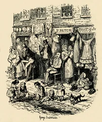 Calle Monmouth, Soho, una ilustración de G. Cruikshank para Sketches by Boz de Dickens