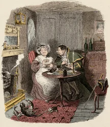 Monsieur Bumble y Madame Corney tomando el té - Ilustración para “Oliver Twist” (Las aventuras de Oliver Twist) de Charles Dickens, por George Cruikshank.