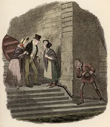Noe Claypole espiando la cita secreta entre el Sr. Brownlow, Rose Maylie y Nancy - La reunión - Ilustración para “Oliver Twist” (Las aventuras de Oliver Twist) de Charles Dickens, por George Cruikshank.
