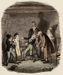Oliver Twist recibido por el viejo Fagin y su equipo - Recepción de Oliver por Fagin y los chicos - Ilustración para 