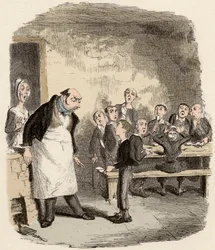 Oliver pide comida extra al supervisor del Hospicio de Niños - Ilustración para "Oliver Twist" de Charles Dickens