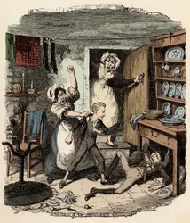 Oliver se arma de valor - Ilustración para "Oliver Twist" (Las aventuras de Oliver Twist) de Charles Dickens (1812-1870), por George Cruikshank (1792-1878)