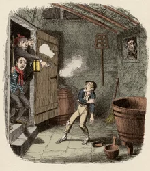 Oliver sorprendido y herido durante el intento de robo - El robo - Ilustración para “Oliver Twist” (Las aventuras de Oliver Twist) de Charles Dickens (1812-1870), por George Cruikshank (1792-1878)