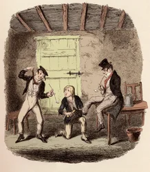 Oliver encera los zapatos del Zorro mientras Charley Bates explica los peligros de la horca - El maestro Bates explica una tecnicidad profesional - Ilustración para “Oliver Twist” (Las aventuras de Oliver Twist) de Charles Dickens, por George Cruikshank.