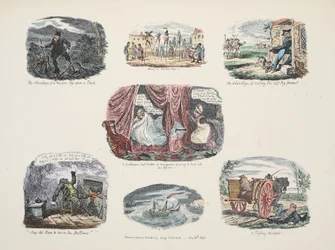 Serie de Ilustraciones sobre las Ventajas y Desventajas de Poseer una Pierna de Madera, pub. 1828