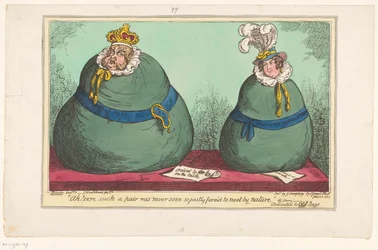 Spotprent op koning George IV en koningin Caroline, 1820 ¡Ay! Seguro que tal pareja nunca se vio tan justamente formada para encontrarse por naturaleza (título sobre el objeto)