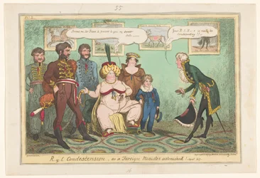 Spotprent op prinses Caroline, 1817 ¡R-y-l Condescendencia o un Canciller asombrado!
