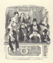 Espectadores victorianos abarrotan un palco en un teatro de Londres (grabado)