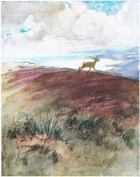 El aire era cercano y pesado mientras bajaba a galope de la cresta (litografía en color)
