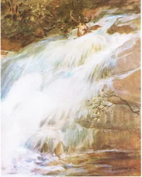 Lanzando la cabeza al aire en un último acto de desafío, se lanzó a la cascada (litografía en color)
