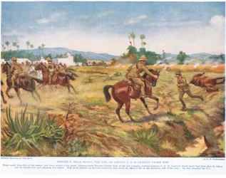 El soldado C. Hull salvando la vida del Capitán G.E.D. Learoyd, bajo fuego, ilustración de 