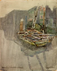 Barcos de anguila en un canal de Dordrecht, Holanda (carboncillo y acuarela sobre papel pegado en cartulina)