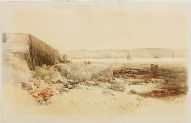 Escena portuaria (lápiz y acuarela sobre papel pegado en cartulina)