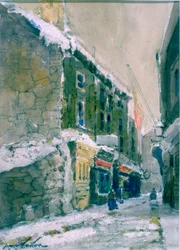 Winter, Clive Street, North Shields (carboncillo y acuarela sobre papel pegado en tarjeta)