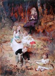 Cinco niños jugando en el bosque