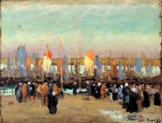 Escena portuaria con barcos de pesca