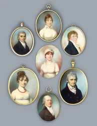 Sr. Uthoff, con abrigo azul con botones dorados, chaleco color crema y corbata anudada, cabello rizado empolvado