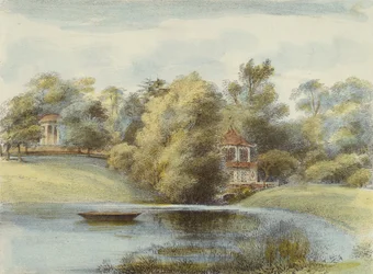 Templo Chino y Templo de Eolo, Jardines de Kew, lámina 16 de Jardines de Kew: Una Serie de Veinticuatro Dibujos en Piedra, grabado por Charles Hullmandel (1789-1850) publicado 1820