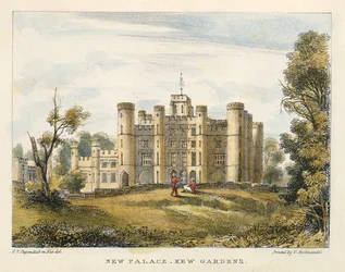 Nuevo Palacio, Jardines de Kew, lámina 1 de Jardines de Kew: Una serie de veinticuatro dibujos en piedra, grabado por Charles Hullmandel publicado en 1820