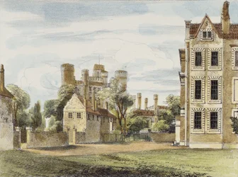 Nuevo Palacio, desde el Jardín de la Reina, lámina 4 de Kew Gardens: Una Serie de Veinticuatro Dibujos en Piedra, grabado por Charles Hullmandel (1789-1850) publicado en 1820