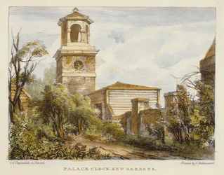 Reloj del Palacio, Jardines de Kew, lámina 7 de Jardines de Kew: Una serie de veinticuatro dibujos en piedra, grabado por Charles Hullmandel publicado en 1820