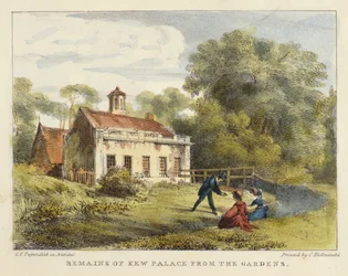 Restos del Palacio de Kew desde los Jardines, lámina 6 de Jardines de Kew: Una serie de veinticuatro dibujos en piedra, grabado por Charles Hullmandel publicado en 1820