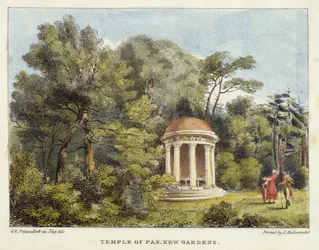 Templo de Pan, Jardines de Kew, lámina 12 de Jardines de Kew: Una Serie de Veinticuatro Dibujos en Piedra, grabado por Charles Hullmandel (1789-1850) publicado 1820