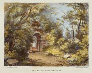 Las Ruinas, Jardines de Kew, lámina 15 de Jardines de Kew: Una Serie de Veinticuatro Dibujos en Piedra, grabado por Charles Hullmandel (1789-1850) publicado 1820