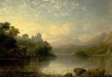 Escena de lago con castillo en ruinas y montañas, siglo XIX