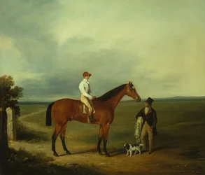 Un caballo de carreras con jinete, entrenador y Spaniel (óleo sobre lienzo)