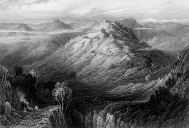 La abadía y las colinas desde cerca de Mussooree, 1838