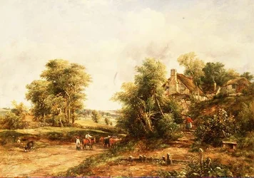 Paisaje de verano al atardecer con arrieros y ganado