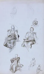 Estudios de una figura sentada con un libro (tinta marrón y grafito sobre papel azul)