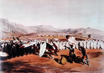 Umpanda revisando sus tropas en Nonduengo, grabado por J. Needham, c.1849