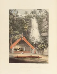 Casa de Hiwikau, madre de Heuneu, y cascadas de Ko Waihi, en Te Rapa, lámina 21 de "The New Zealanders Illustrated", 1847