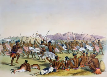 Danza de caza zulú cerca de las montañas Engooi, 1849