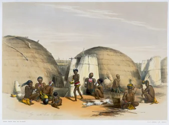 Kraal zulú en Umlazi con chozas y pantallas, 1849