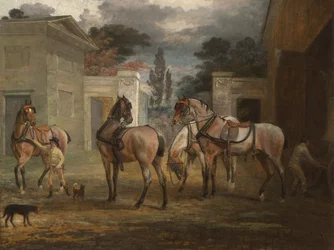 Cuatro caballos de carruaje ruanos con dos mozos, 1792