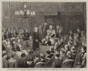 El Sr. Gladstone en Irlanda, presentación de la libertad de la ciudad de Dublín en el Ayuntamiento