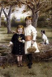 Dos hermanas con una cesta de flores
