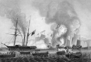 La destrucción del junco de guerra chino en la Bahía de Anson, 7 de enero de 1841