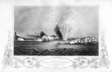 La explosión del Muelle Imperial durante el bombardeo de Odessa, Ucrania, 1854-1857