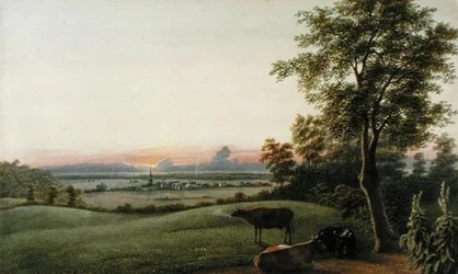 Amanecer - Flatbush y el Océano desde el Cementerio Greenwood, Long Island, Nueva York, c.1830-40