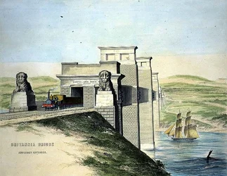 Puente de Britannia, entrada de Anglesey, grabado por el artista, pub. 1849 (litografía en color)