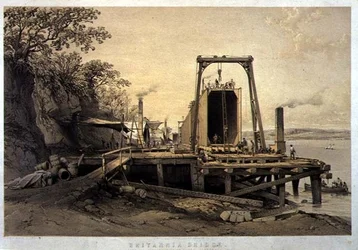 Puente Britannia, plataforma y construcción de tubos, septiembre de 1848, grabado por el artista, pub. 1849