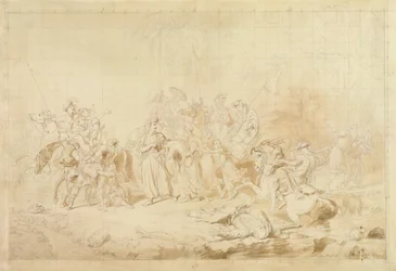 Banditti del Kurdistán ayudando a los georgianos a sorprender y llevarse a las mujeres circasianas c.1827-28 (pluma y tinta marrón sobre papel de trama)