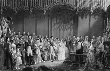 Matrimonio de la Reina Victoria (1819-1901) y el Príncipe Alberto (1819-61) en el Palacio de St. James el 10 de febrero de 1840, grabado por Charles Eden Wagstaff, 1840