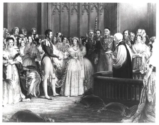 Matrimonio de la Reina Victoria (1819-1901) y el Príncipe Alberto (1819-61) en el Palacio de St. James el 10 de febrero de 1840, grabado por Charles Eden Wagstaff, 1840