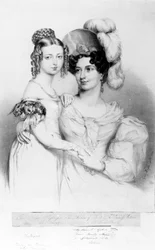 Reina Victoria y su madre la Princesa Victoria, Duquesa de Kent y Strathearn, grabado por Richard James Lane, 1834